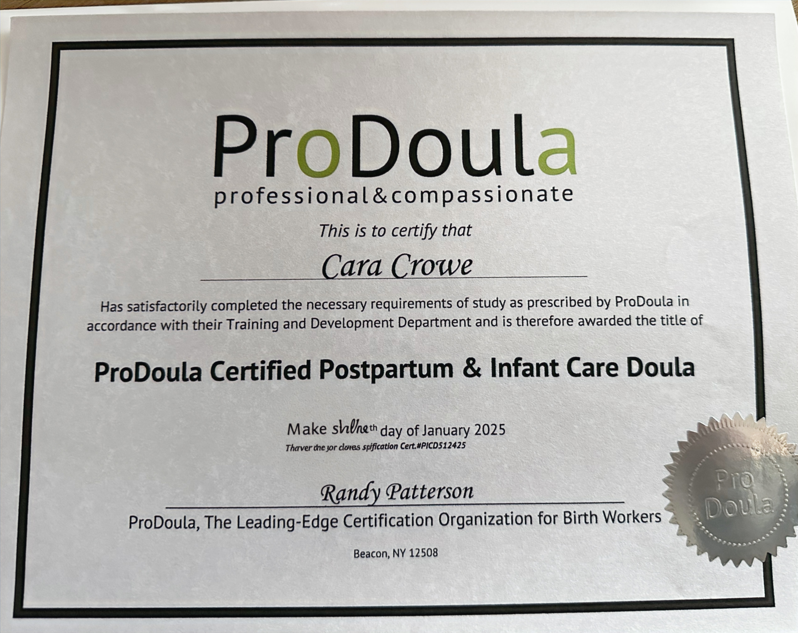 ProDoula Certified Postpartum & Infant Care Doula certificate for Cara Crowe
